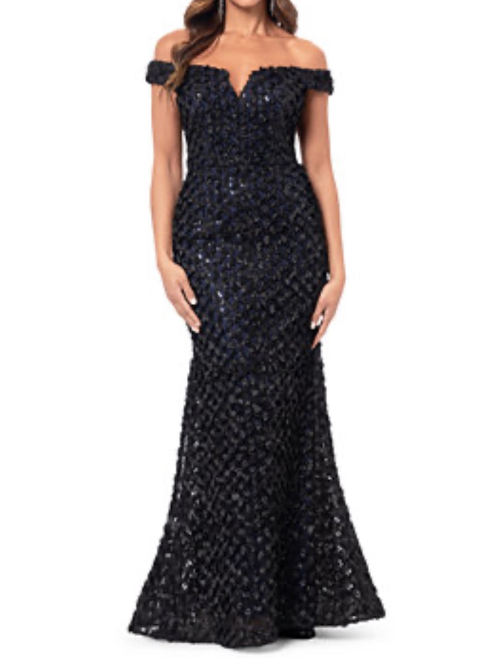 XSCAPE Off-Shoulder Navy Sequin Evening Gown Sz 10 EUC